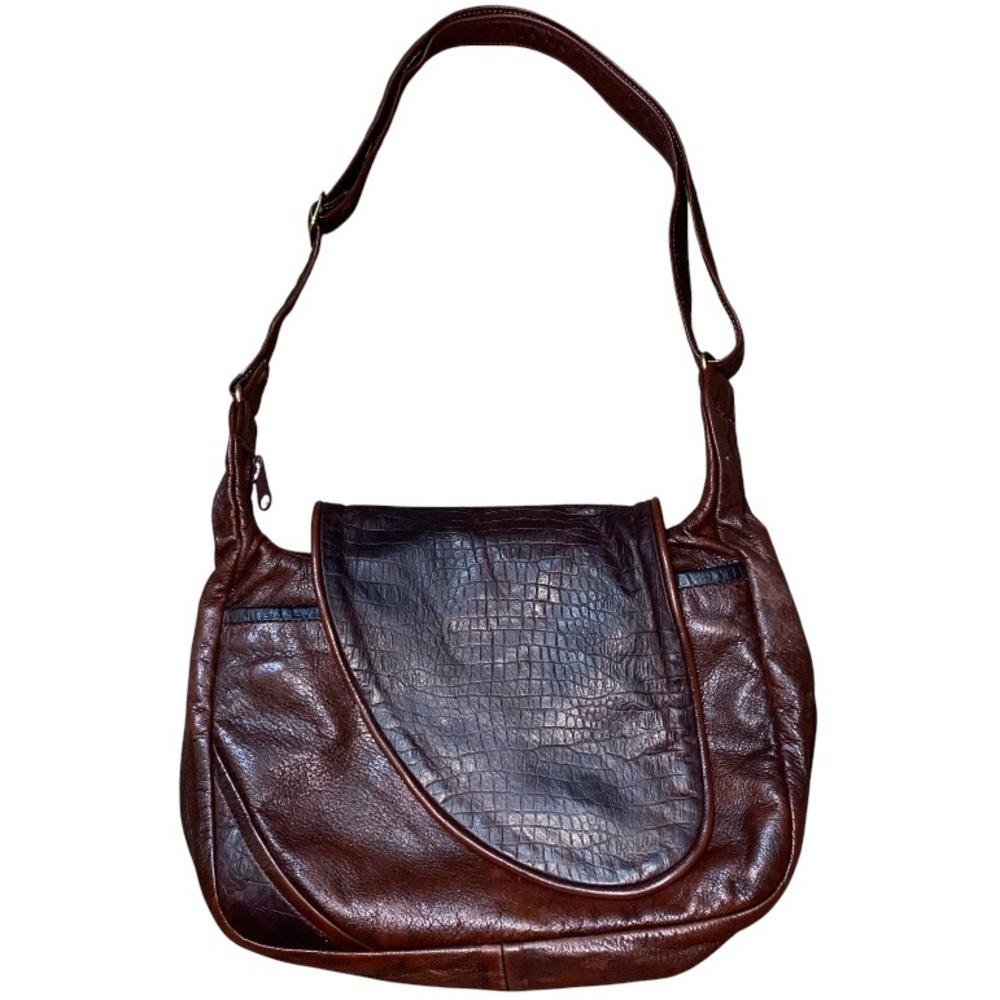 D'Onofrio Leather Shoulder Bag Womens Black Brown Croc Ostrich Trim Purse